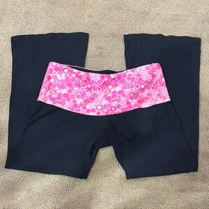 Black Leggings with Pink Floral Waistband reversible capris